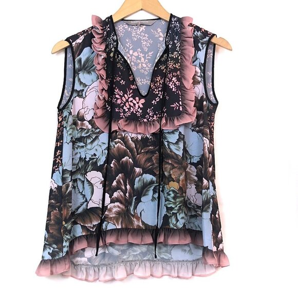 CLOVER CANYON ANTHROPOLOGIE Floral Sunset Ruffled Top Blue Pink Sleeveless Boho - Picture 2 of 14
